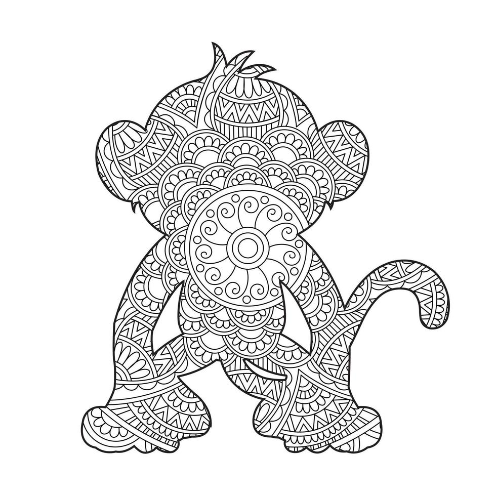 Monkey Mandala Coloring Page for Adults Floral Animal Coloring Book Isolated on White Background Antistress Coloring Page Vector Illustration