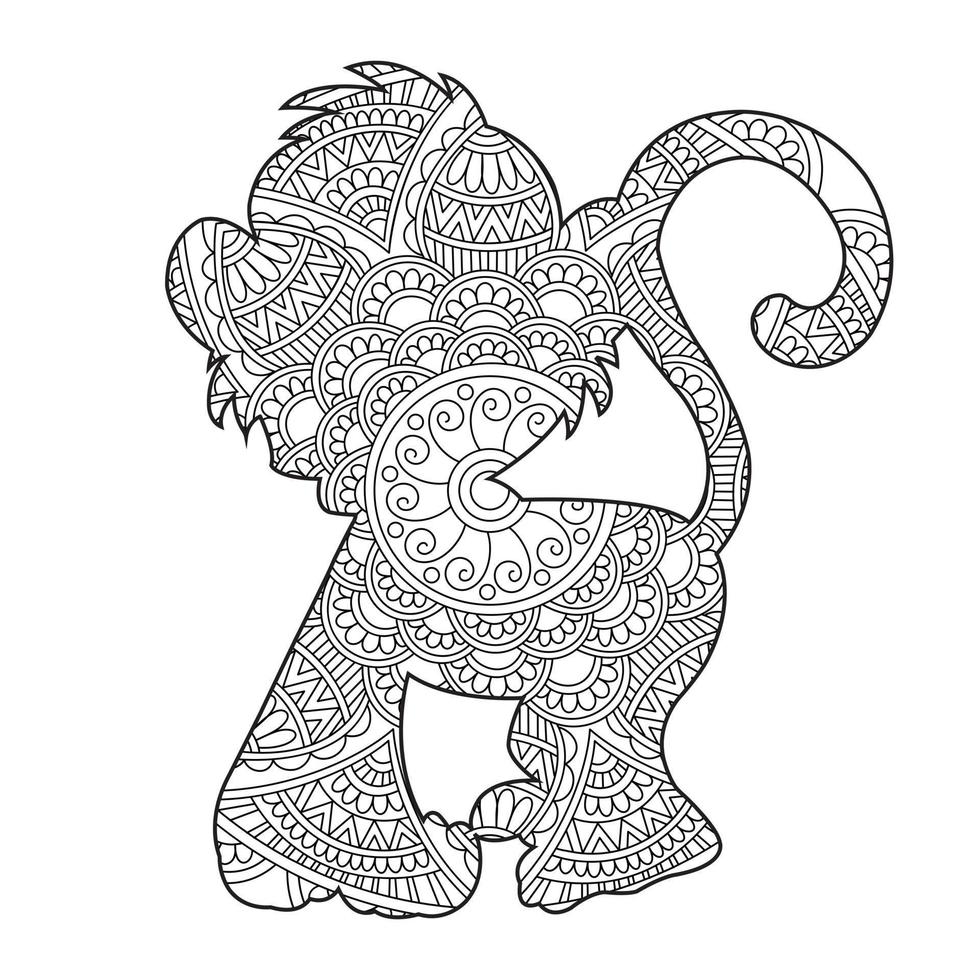 Monkey Mandala Coloring Page for Adults Floral Animal Coloring Book Isolated on White Background Antistress Coloring Page Vector Illustration