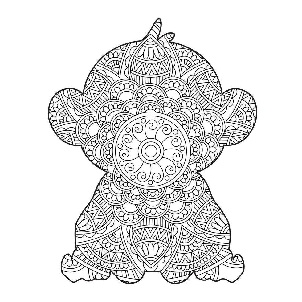 Monkey Mandala Coloring Page for Adults Floral Animal Coloring Book Isolated on White Background Antistress Coloring Page Vector Illustration