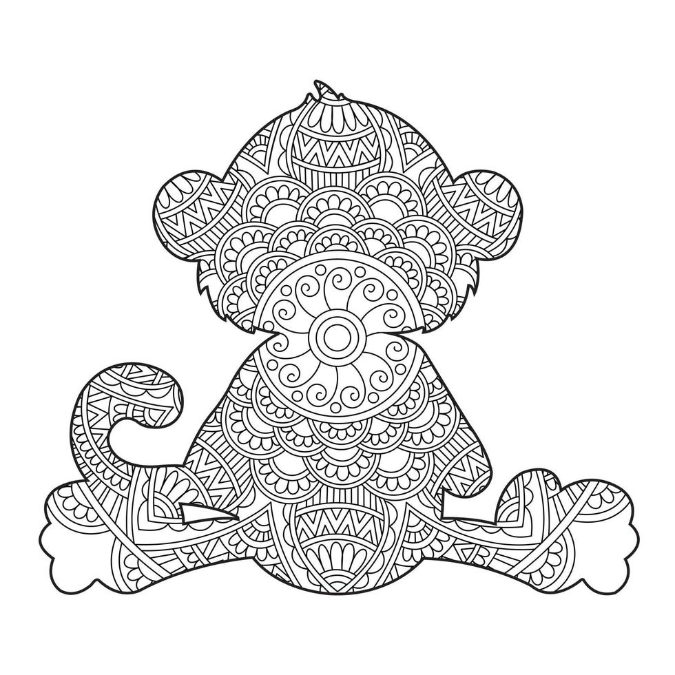 Monkey Mandala Coloring Page for Adults Floral Animal Coloring Book Isolated on White Background Antistress Coloring Page Vector Illustration