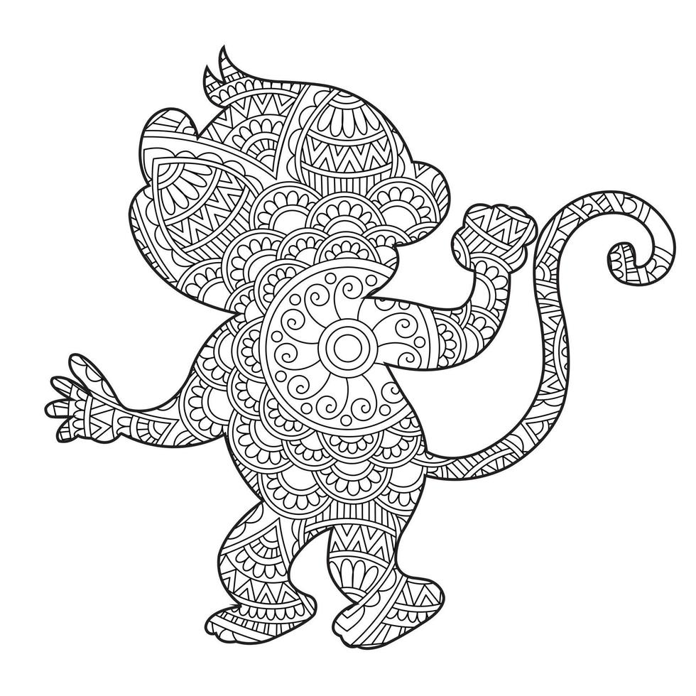 Monkey Mandala Coloring Page for Adults Floral Animal Coloring Book Isolated on White Background Antistress Coloring Page Vector Illustration