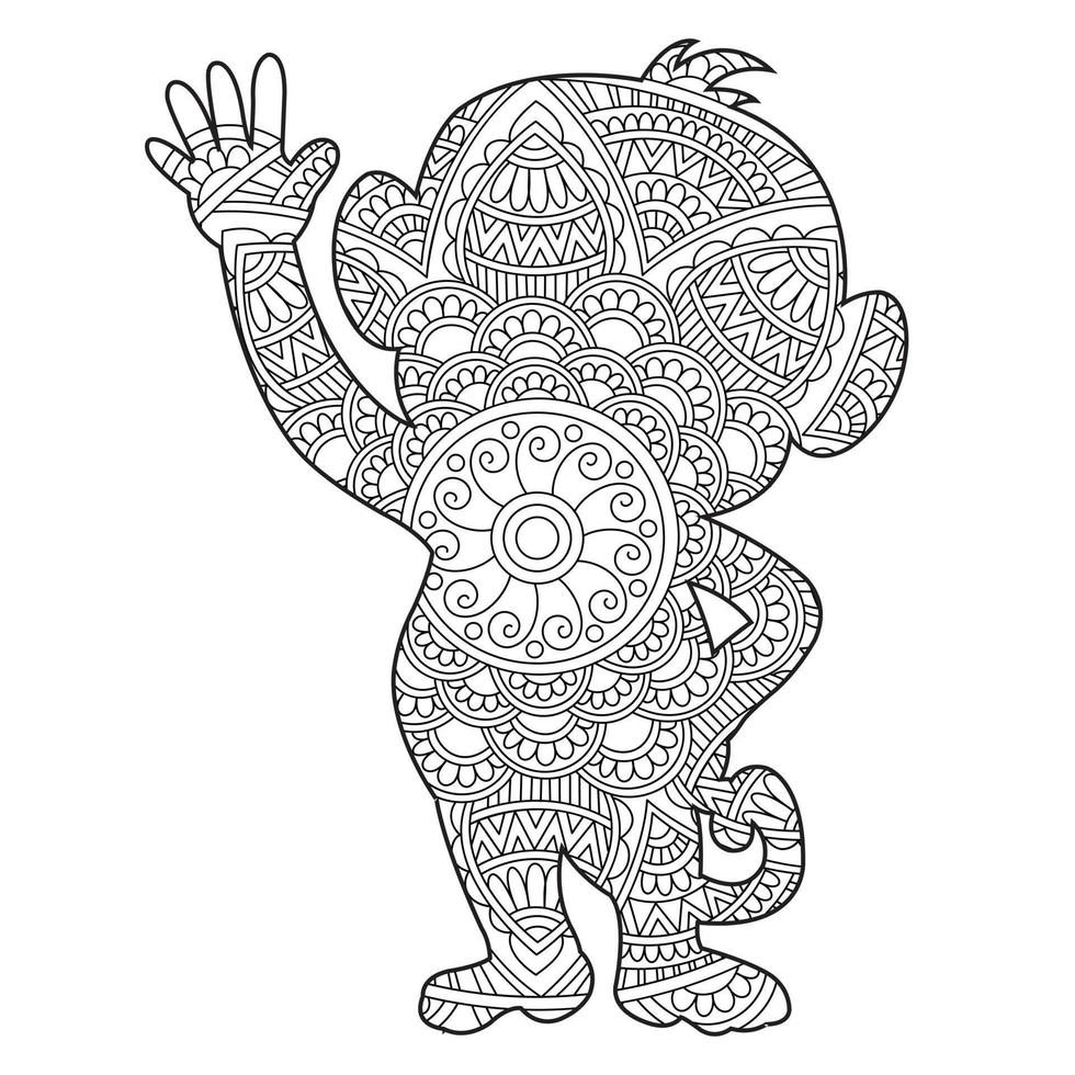 Monkey Mandala Coloring Page for Adults Floral Animal Coloring Book Isolated on White Background Antistress Coloring Page Vector Illustration