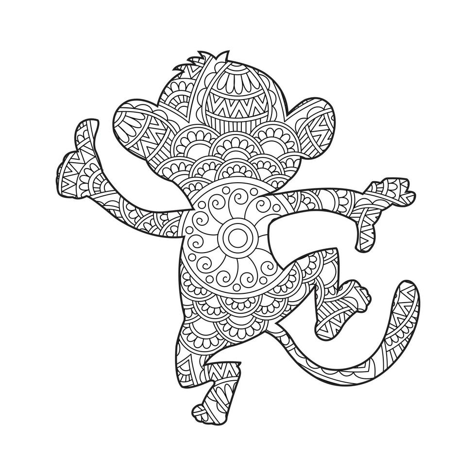 Monkey Mandala Coloring Page for Adults Floral Animal Coloring Book Isolated on White Background Antistress Coloring Page Vector Illustration