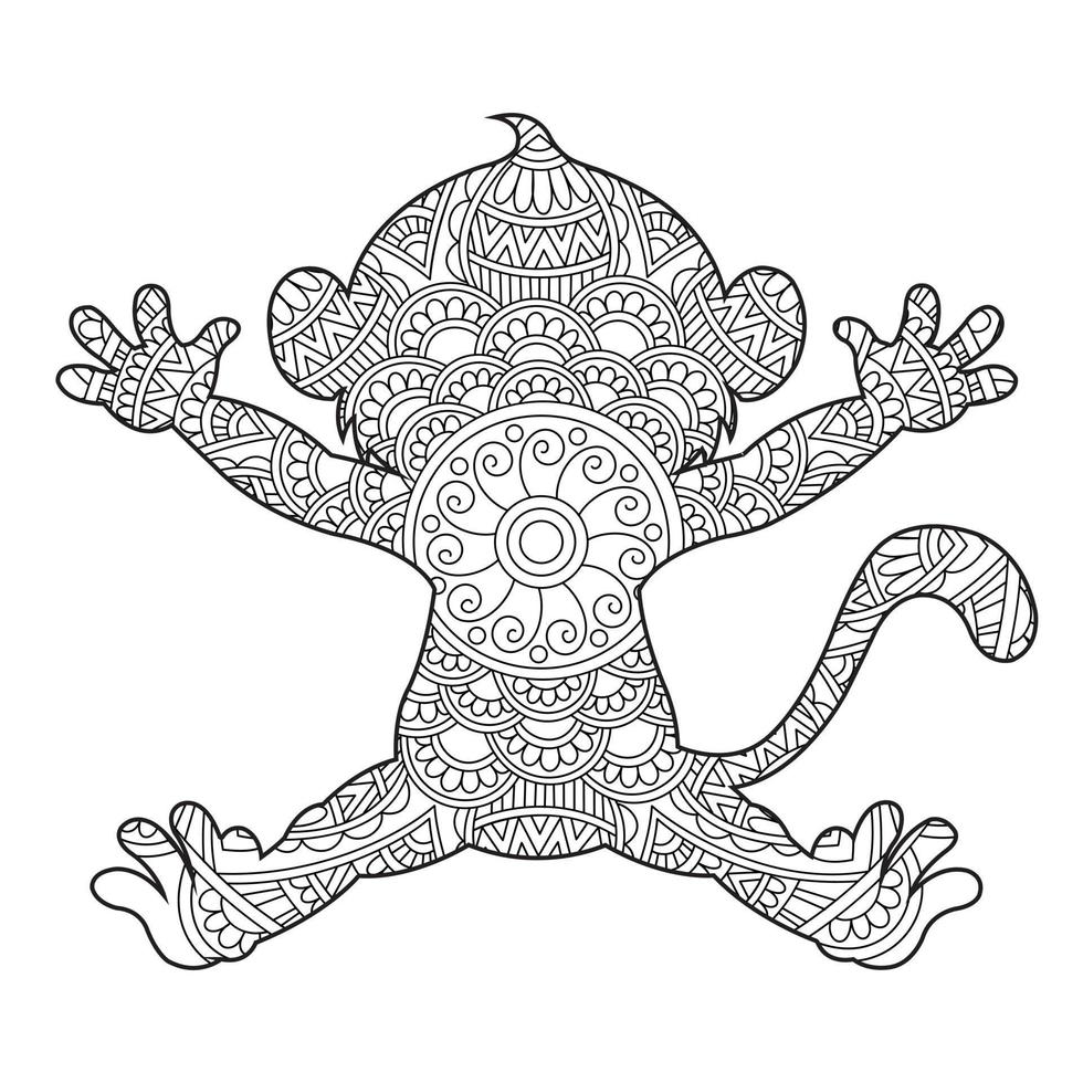 Monkey Mandala Coloring Page for Adults Floral Animal Coloring Book Isolated on White Background Antistress Coloring Page Vector Illustration