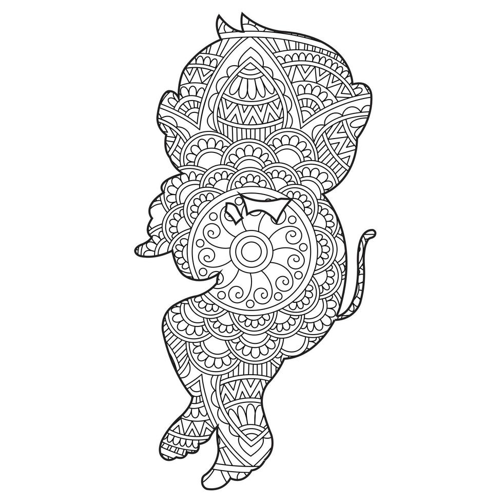 Monkey Mandala Coloring Page for Adults Floral Animal Coloring Book Isolated on White Background Antistress Coloring Page Vector Illustration