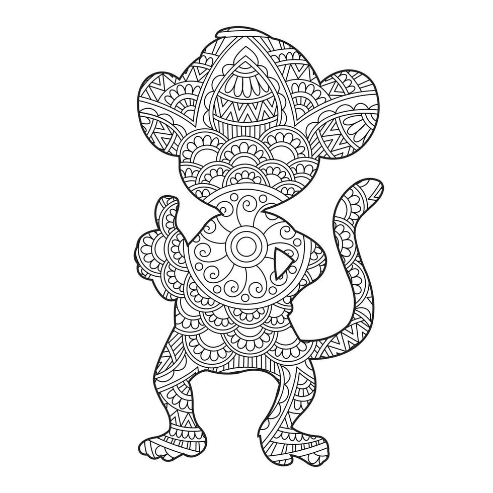 Monkey Mandala Coloring Page for Adults Floral Animal Coloring Book Isolated on White Background Antistress Coloring Page Vector Illustration