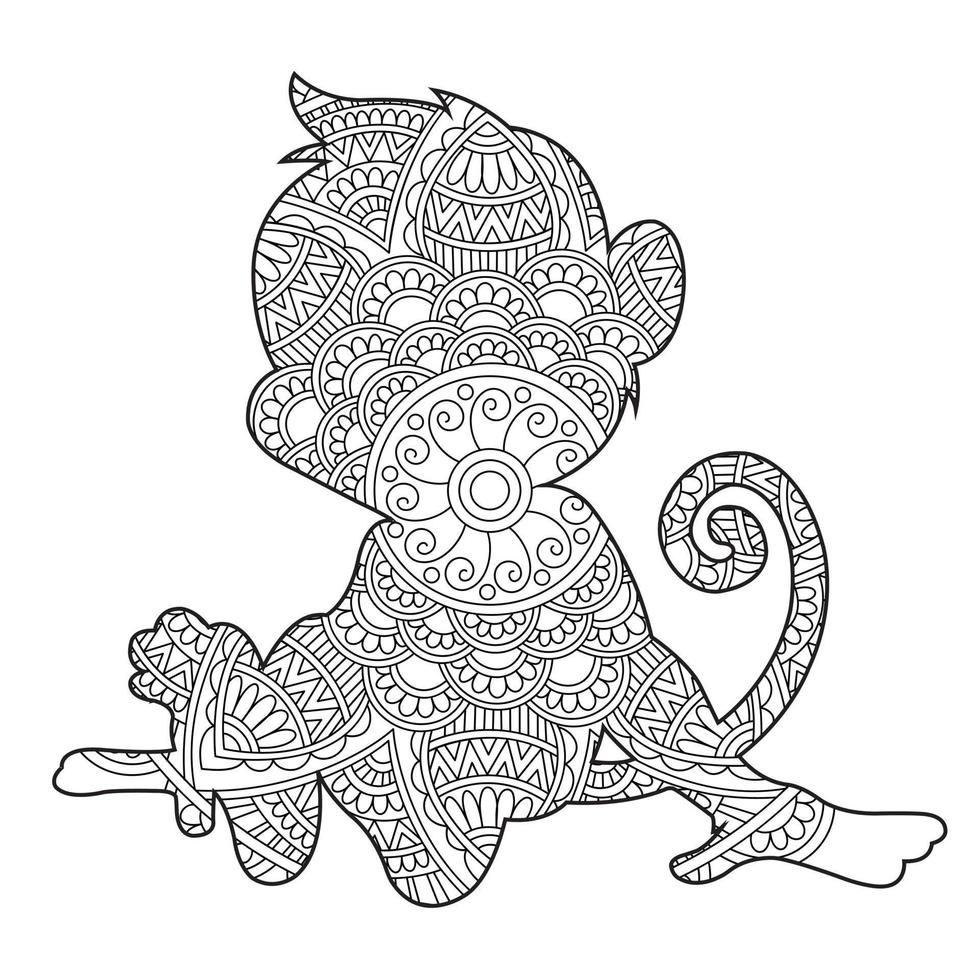 Monkey Mandala Coloring Page for Adults Floral Animal Coloring Book Isolated on White Background Antistress Coloring Page Vector Illustration