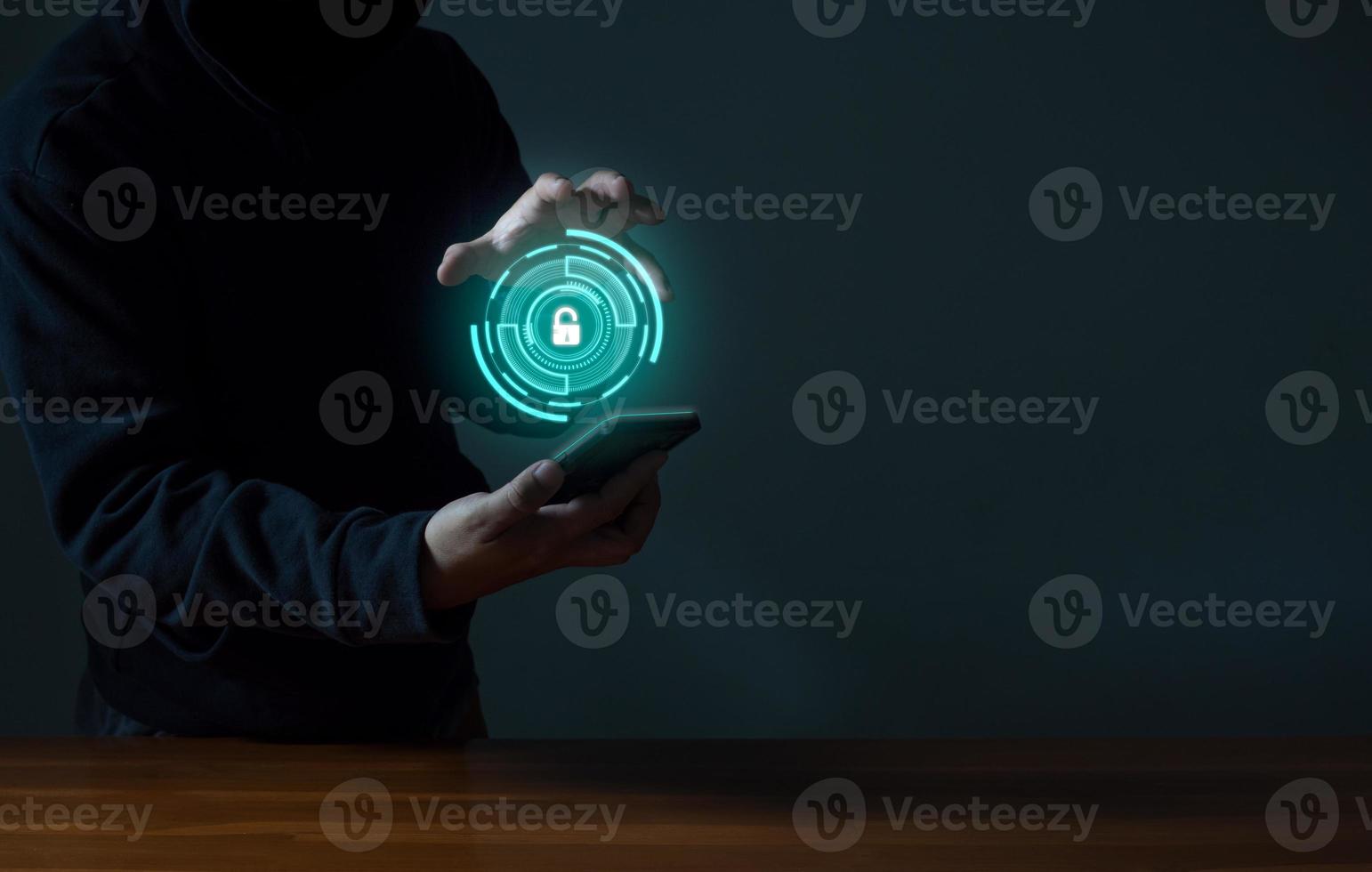 Hackers spy on cell phones. Concept of information security system in internet network and information espionage. photo