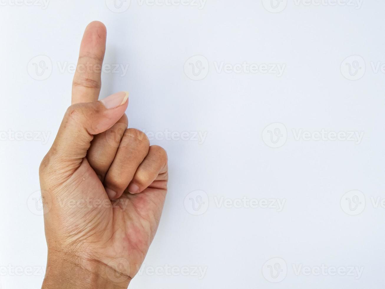 Asian man hand with sign pointing up on isolated white background with