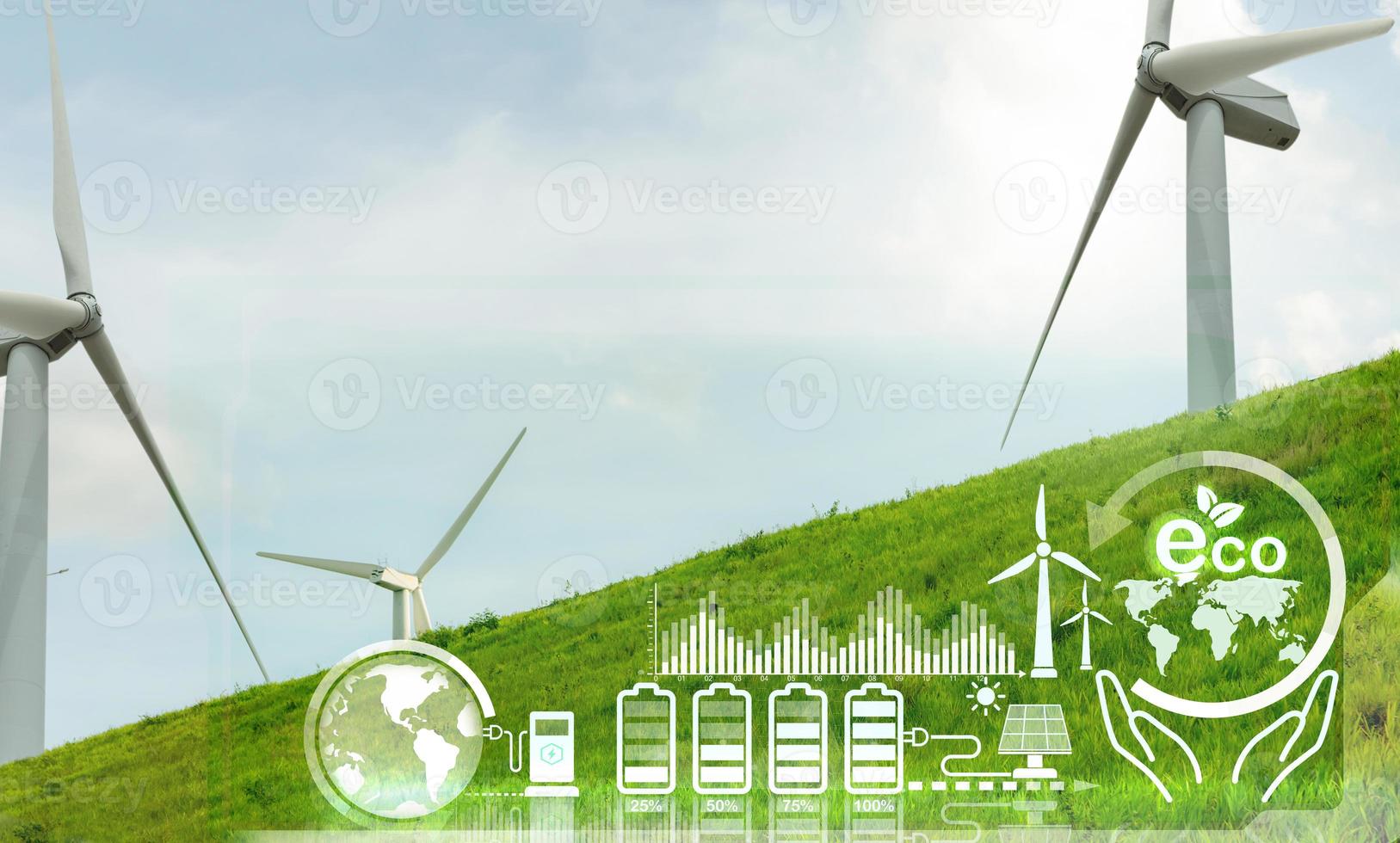 Wind energy. Sustainable and renewable energy. Wind turbines generate electricity. Windmill farm. Sustainable resources. Sustainable development. Rechargeable battery charging with green power concept photo