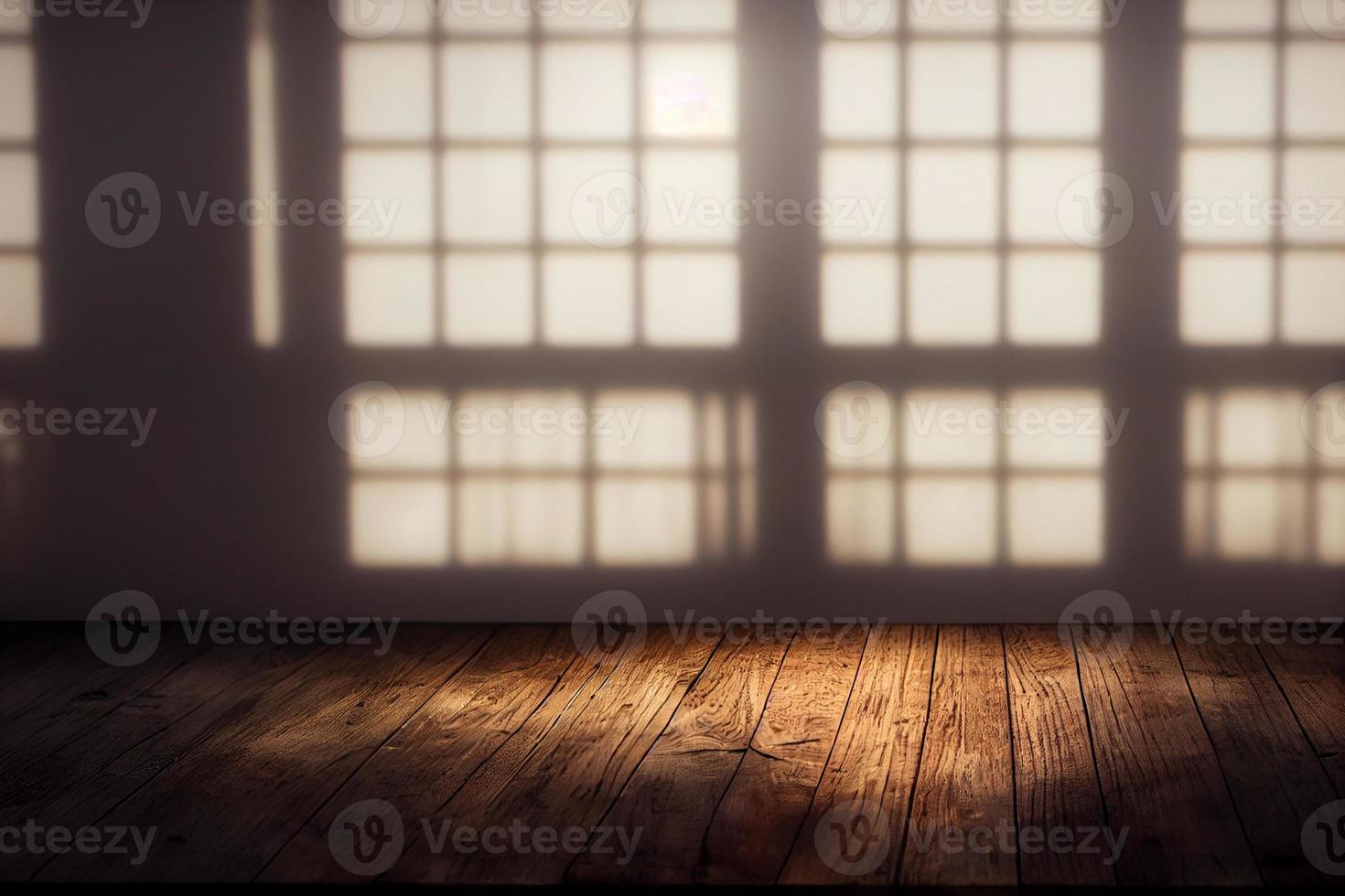 Studio background with wooden floor and natural sunlight. Product presentati photo