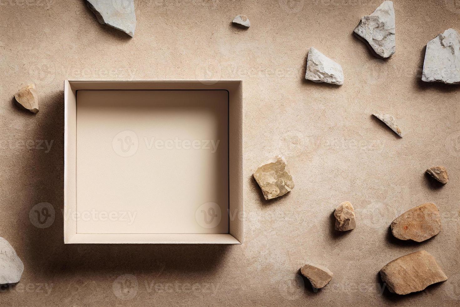 Empty box on natural stone background. Product presentation, studio backdrop photo