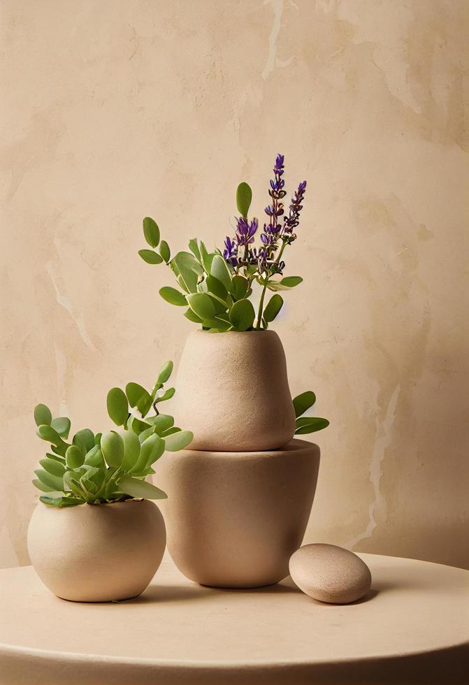 Beige ceramic pot with plant on natural marble stone podium. Studio, product photo