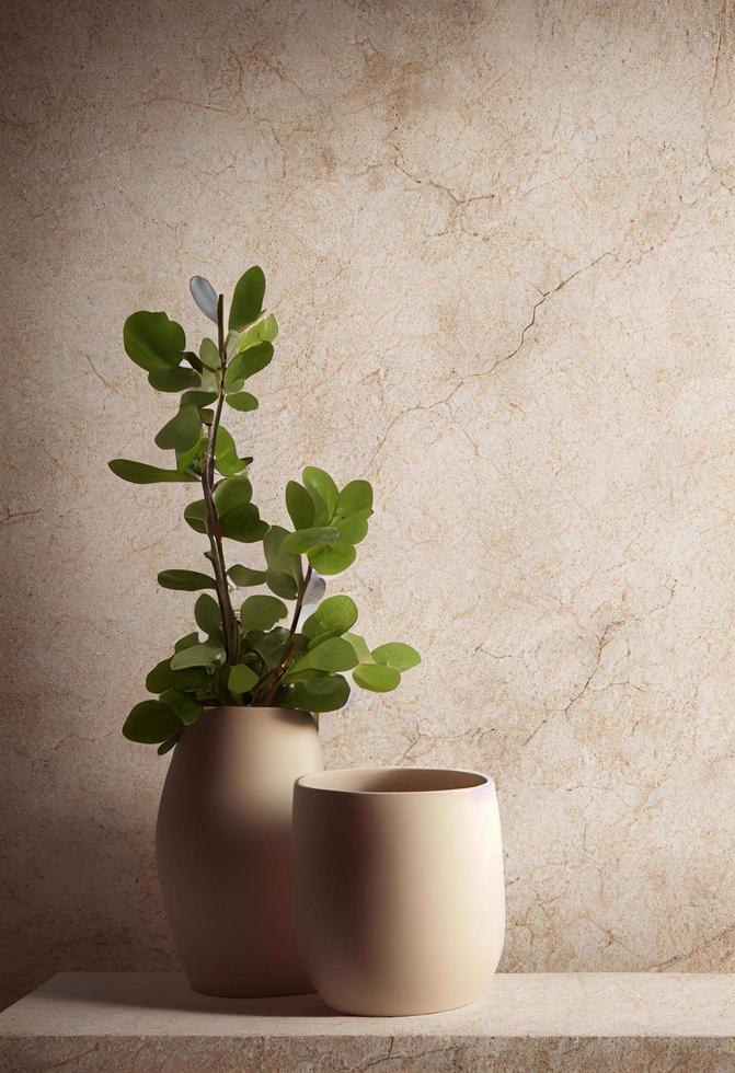 Beige ceramic pot with plant on natural marble stone podium. Studio, product photo