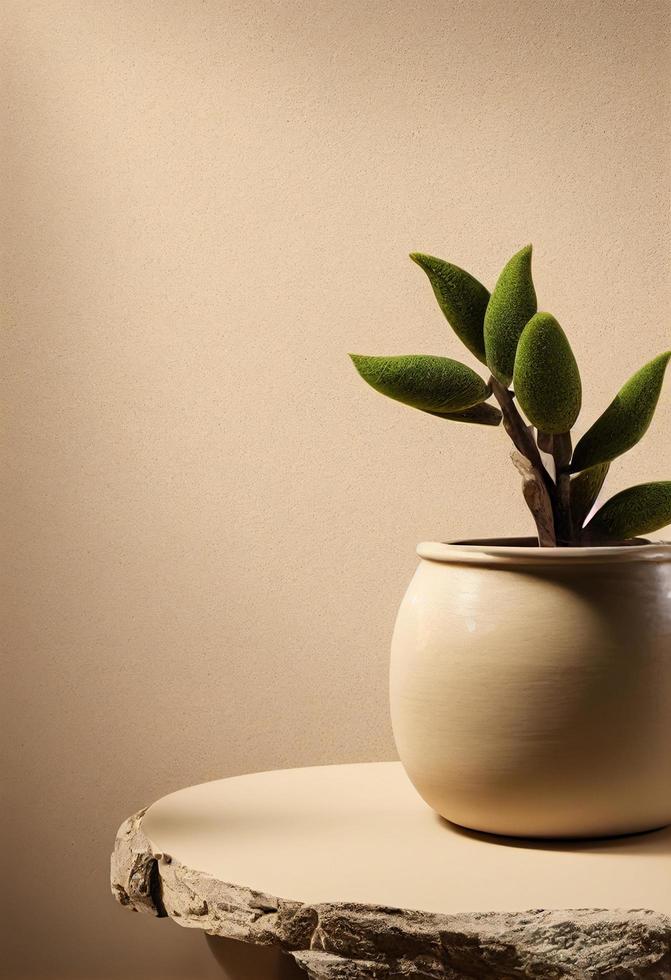Beige ceramic pot with plant on natural stone podium. Studio, produc presena photo