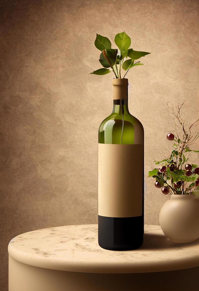 Wine bottle with plant decoration on natural stone background. Product prese photo