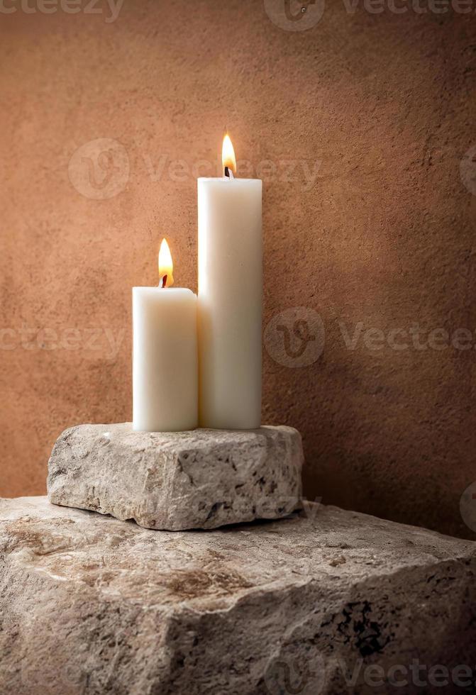 White candle on natural rock pedestal. Product presentation mockup, showcase photo