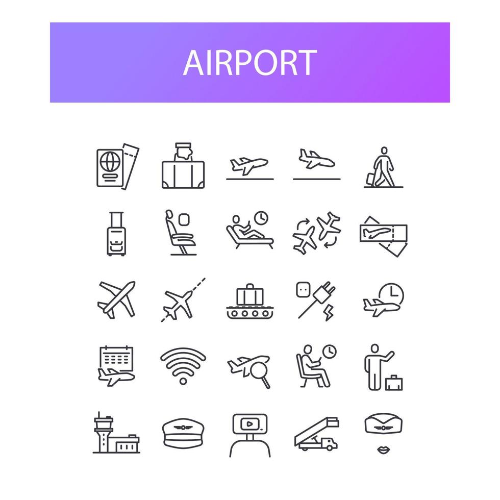 Simple Set of Airport Related Vector Line Icons. Contains such Icons as Departure, Tickets, Baggage Claim, Pilot, Airport Tower, Stewardess and more. Editable Stroke