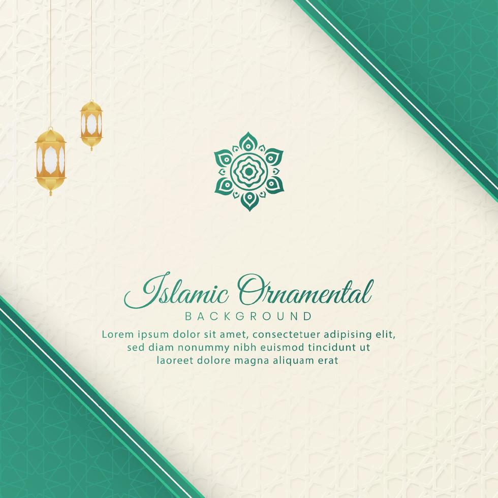 Islamic Ornamental Arabic White and Green Luxury Background with Geometric pattern and Beautiful Lanterns vector