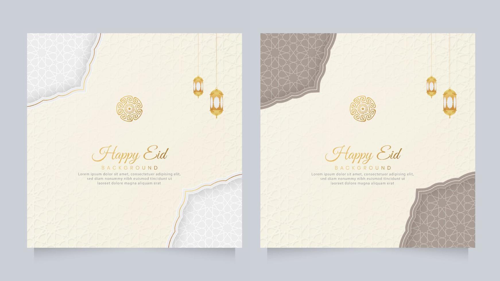 fondo de lujo blanco árabe islámico feliz eid con patrón geométrico y linternas ornamentales vector