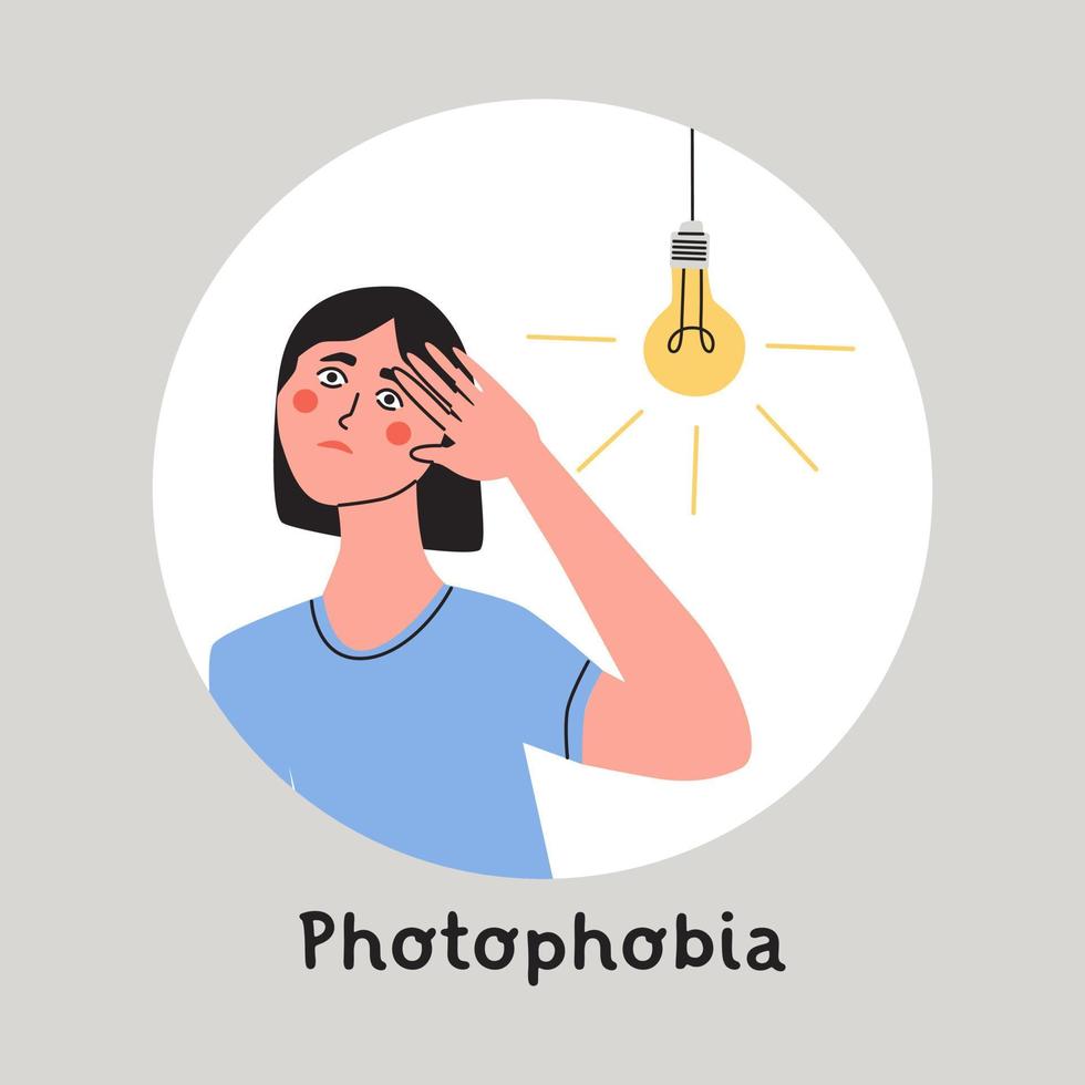 fotofobia, sensibilidad a la luz o concepto de migraña. la mujer protege sus ojos de la luz brillante con las manos. vector