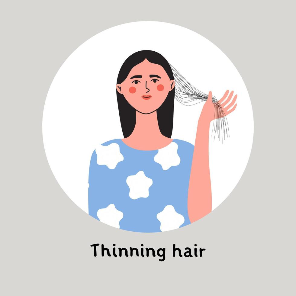 Woman holding long straight thin hair in hand. Beauty problem of thinning hair. vector