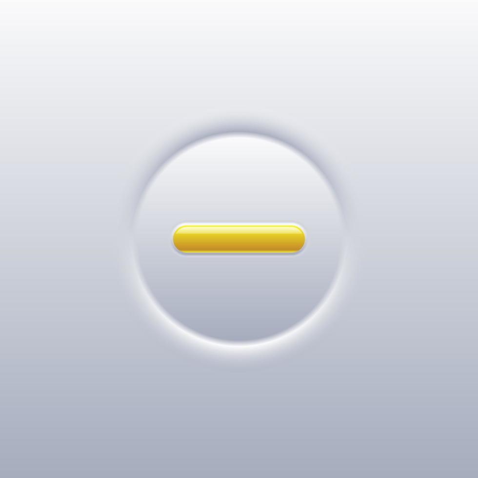 Minus button vector illustration. Symbol of yellow subtracttion straight line and rounded frame