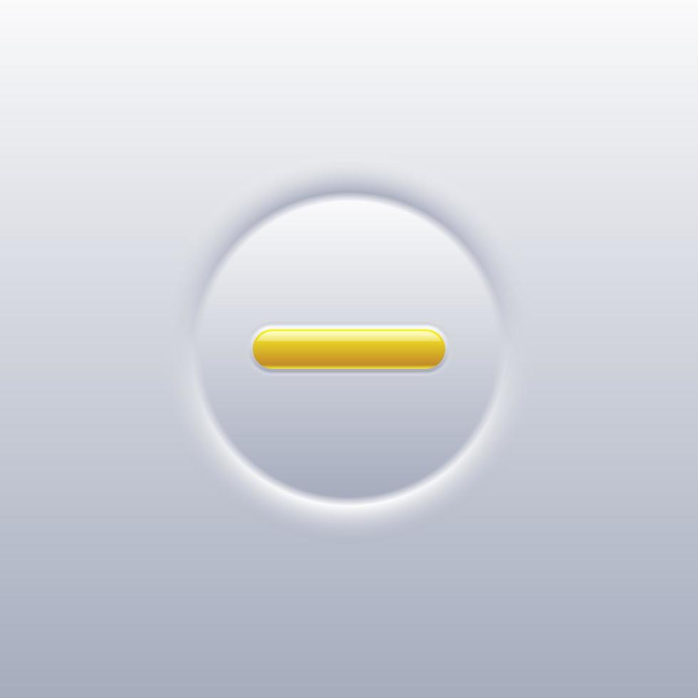 Minus button vector illustration. Symbol of yellow subtracttion straight line and rounded frame