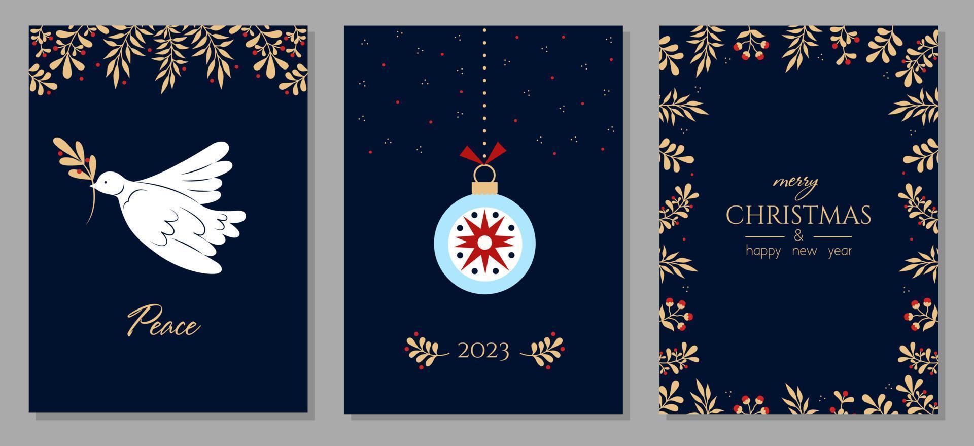 conjunto de tarjetas de felicitación de navidad y feliz año nuevo. plantillas artísticas universales creativas modernas con paloma, adorno floral y marcos. ilustración vectorial vector