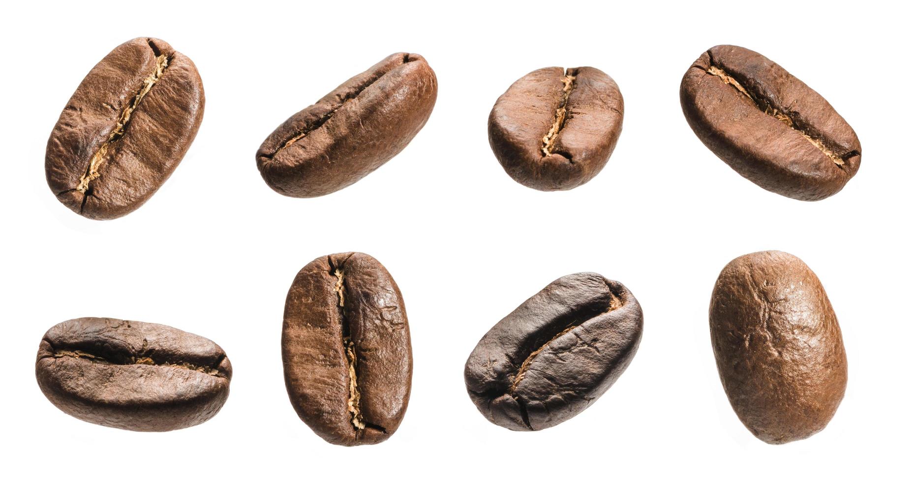 conjunto de granos de café recién tostados aislados sobre fondo blanco. granos de café de cerca, espresso oscuro foto