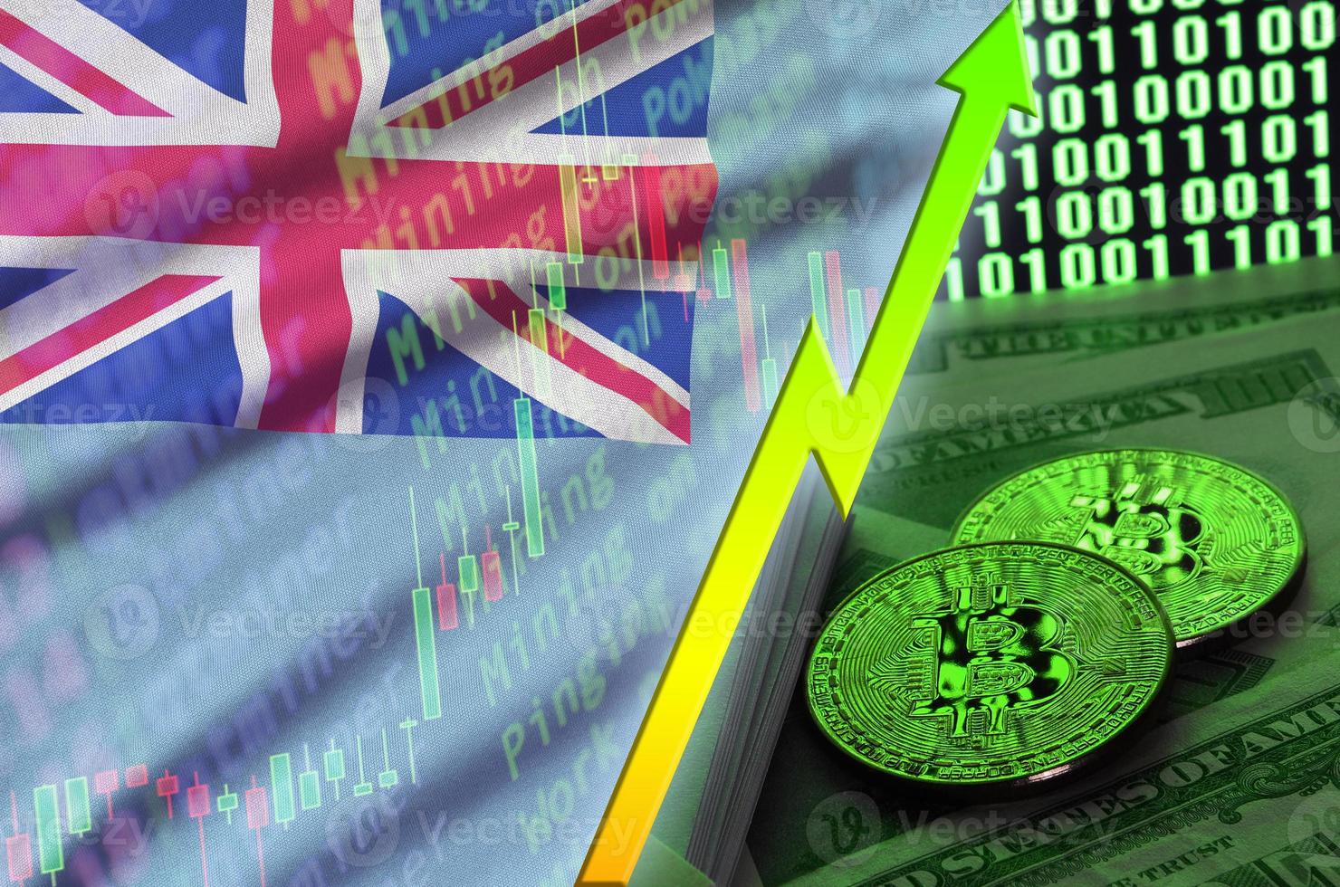 Tuvalu flag and cryptocurrency growing trend with two bitcoins on dollar bills and binary code display photo