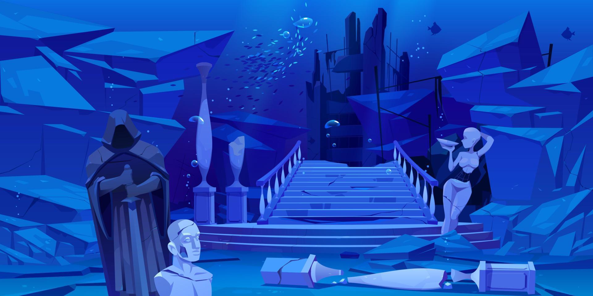 Ancient ruins, old architecture sunken under water vector