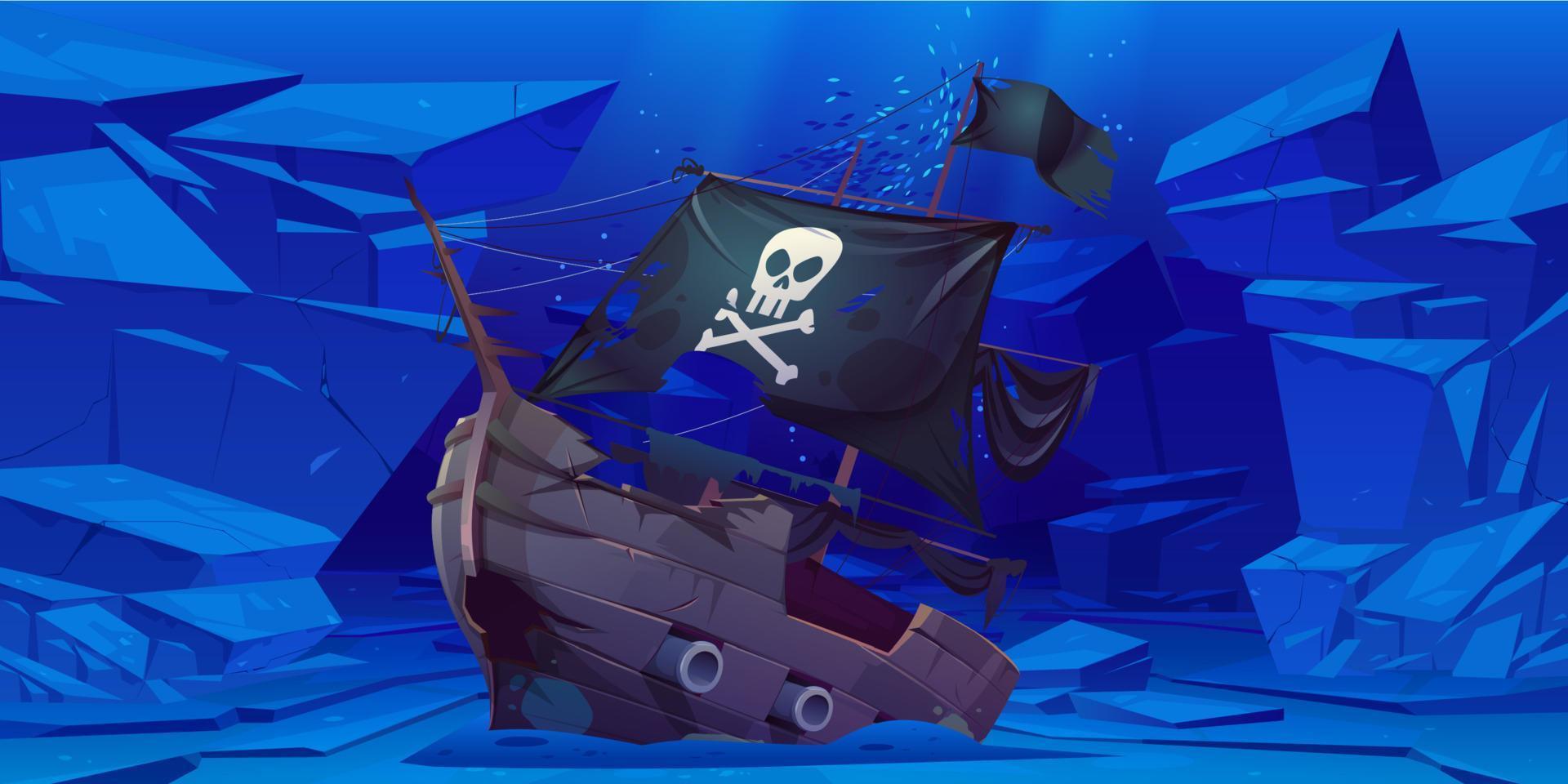 Sunken pirate ship with black flag on sea bottom vector