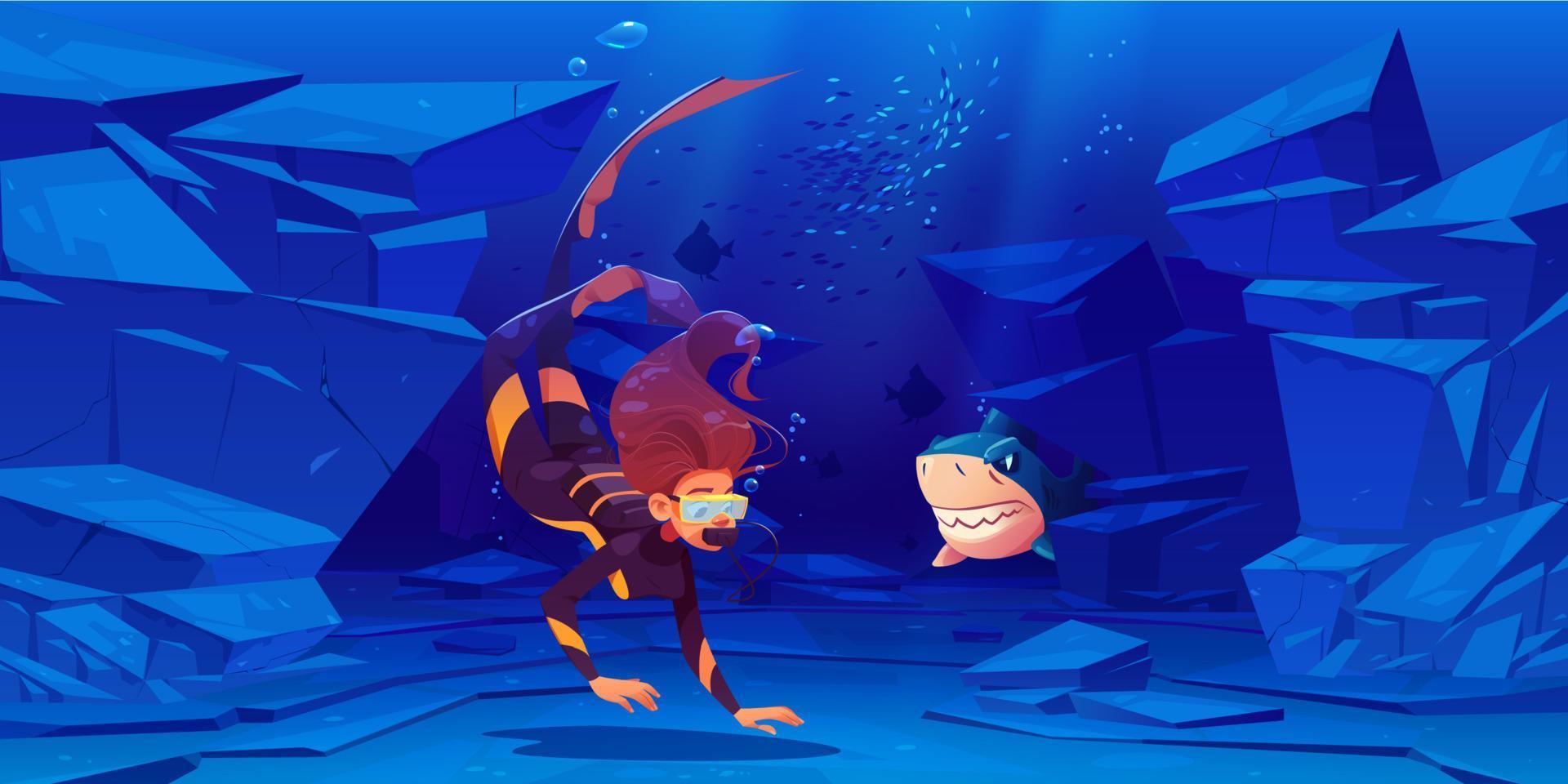 Woman scuba diver and shark under water in sea vector