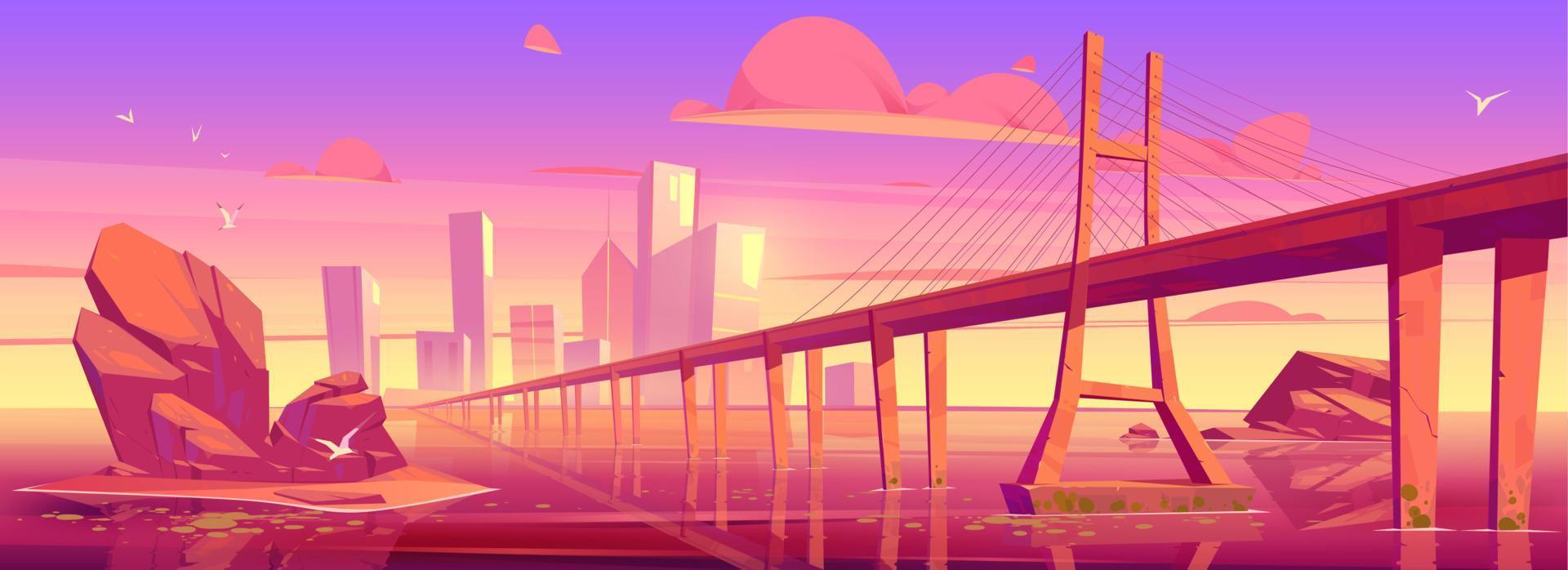 City skyline with buildings and bridge at sunset vector