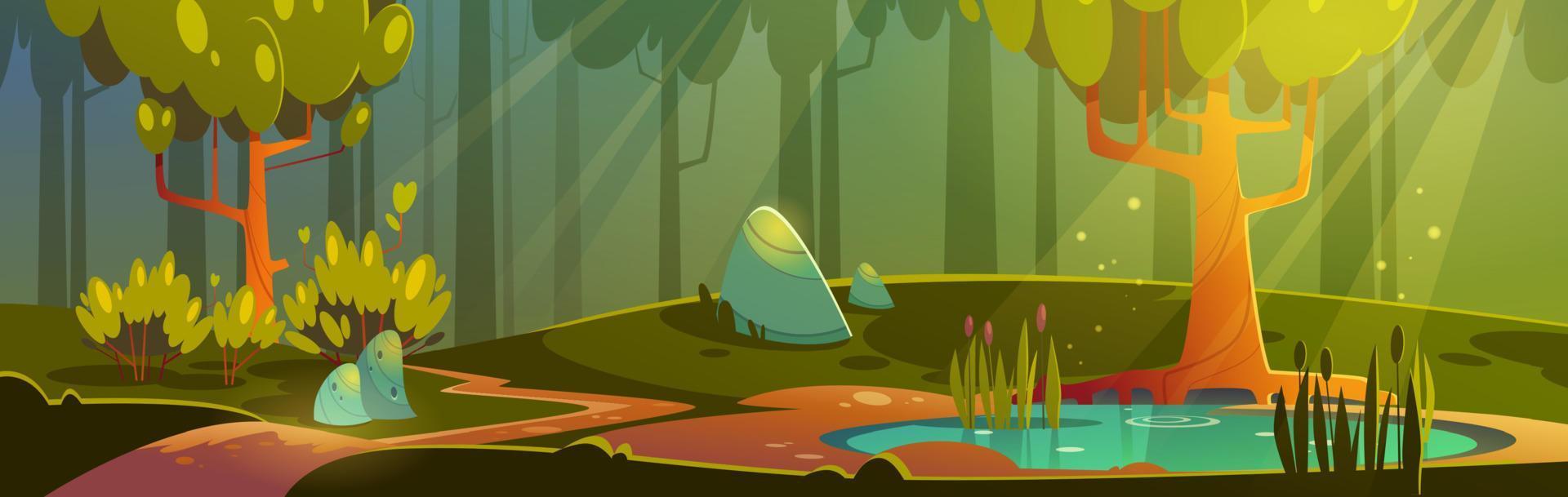 Cartoon forest background with pond or swamp. vector