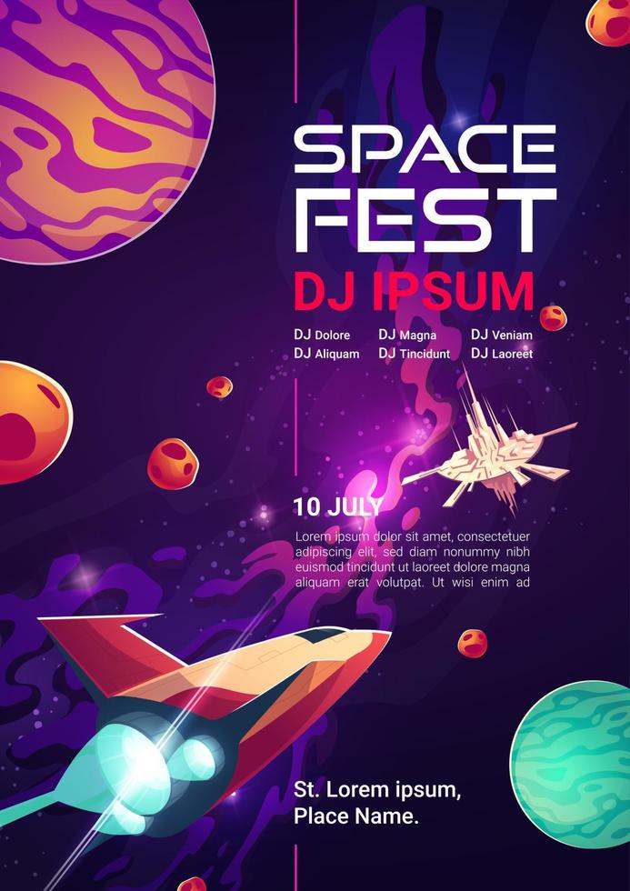 banner de dibujos animados del festival espacial, espectáculo de música o concierto vector