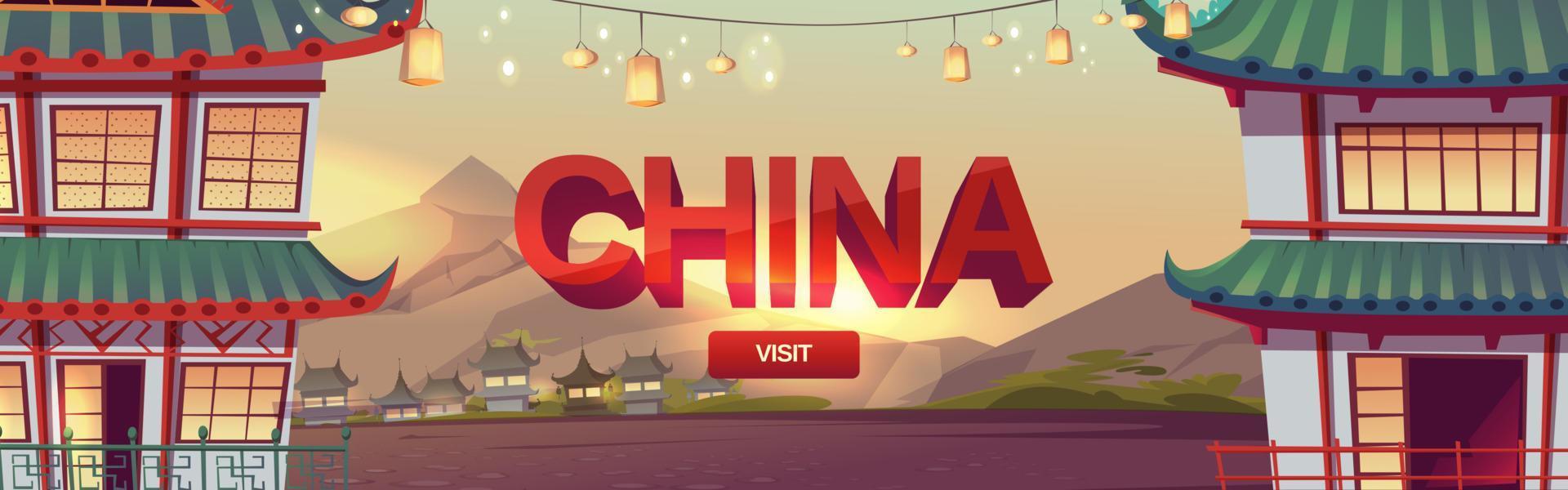 Visit China web banner, travel to Chinese village vector