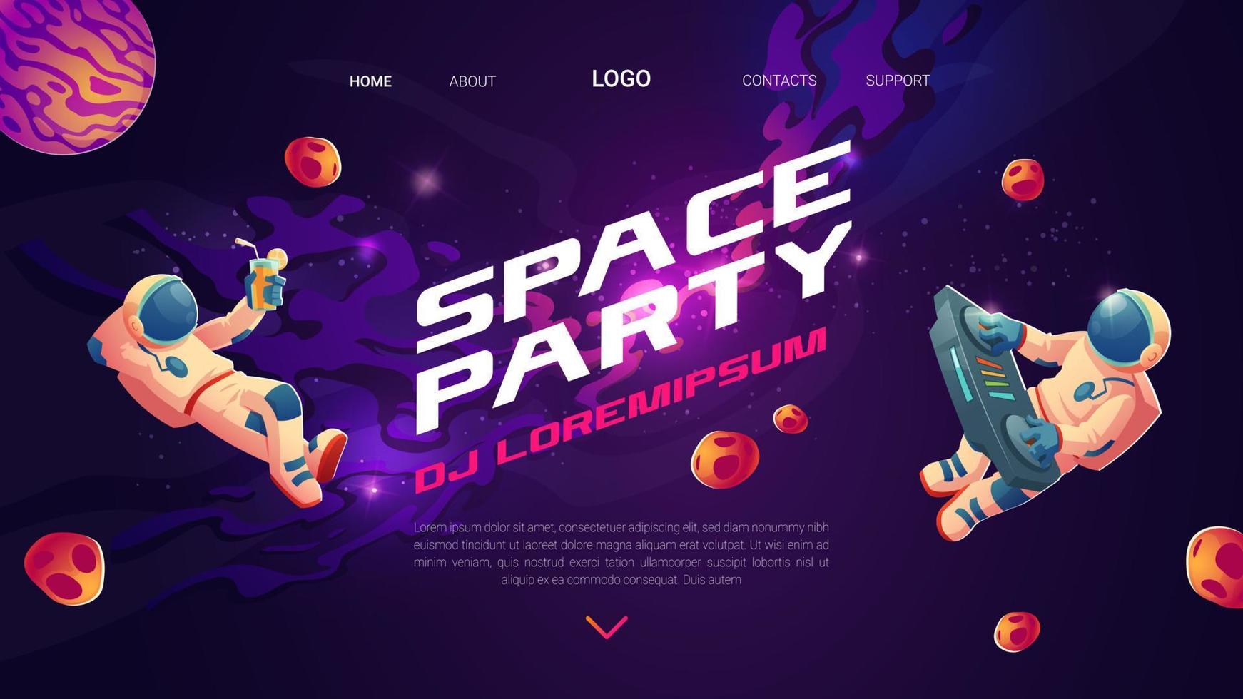 Space party cartoon flyers, invite to music show vector