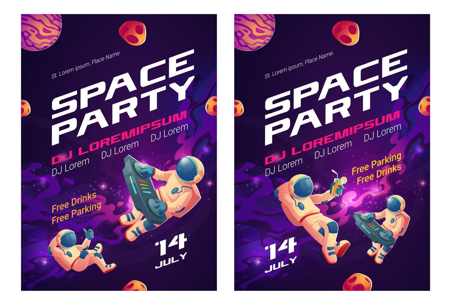 Space party cartoon flyers, invite to music show vector