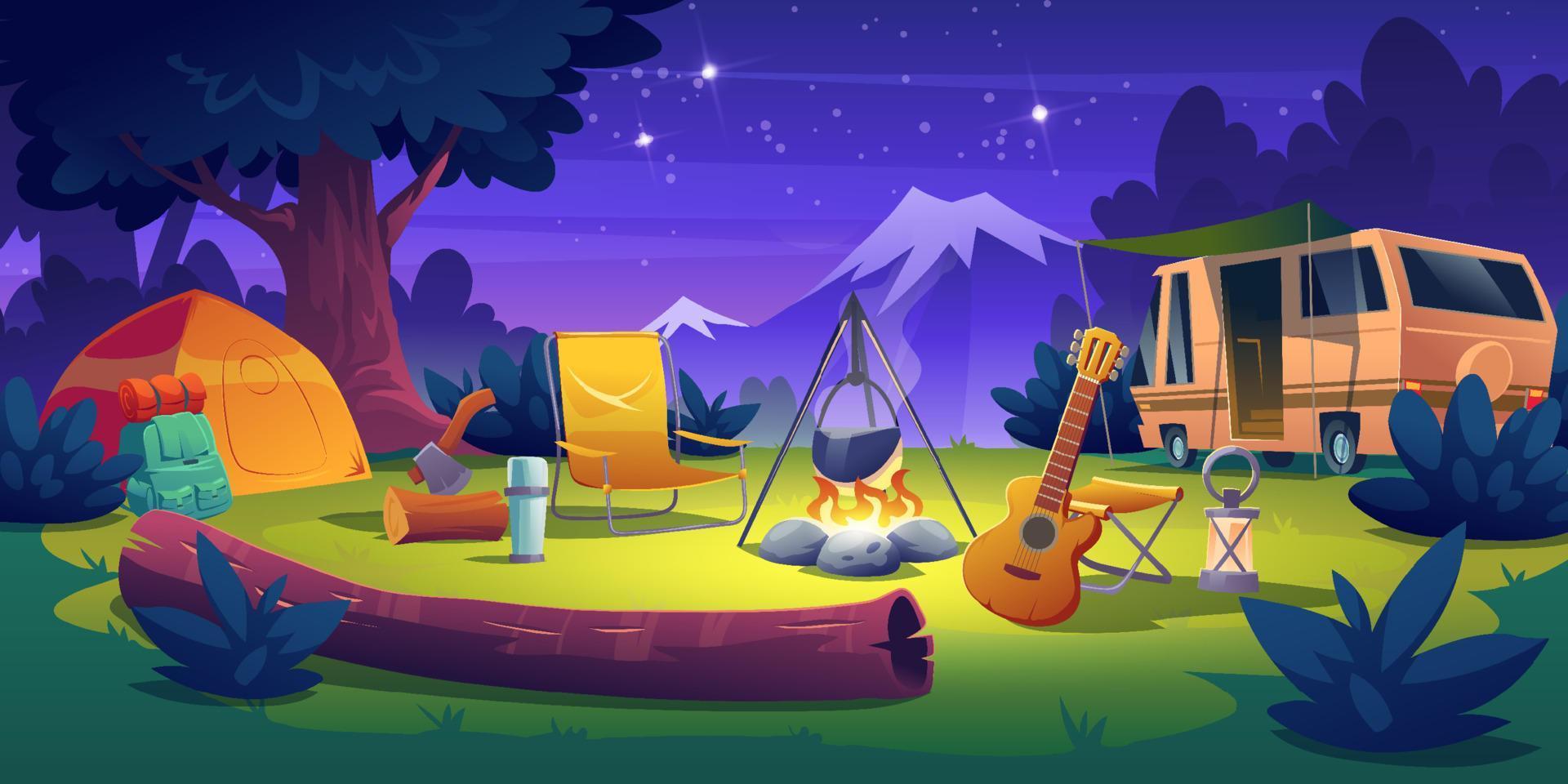 Summer camp at night time. Rv caravan at campfire vector