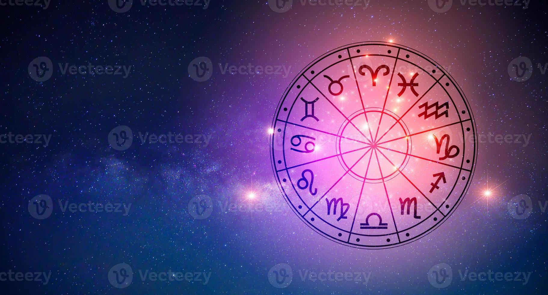 Zodiac signs inside of horoscope circle. Astrology in the sky with many stars and moons  astrology and horoscopes concept photo