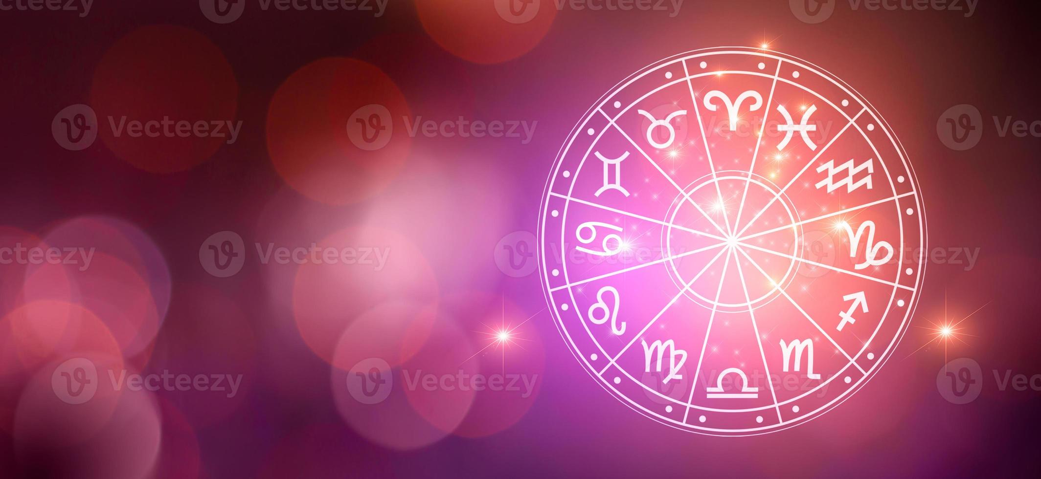 Zodiac signs inside of horoscope circle. Astrology in the sky with many stars and moons  astrology and horoscopes concept photo