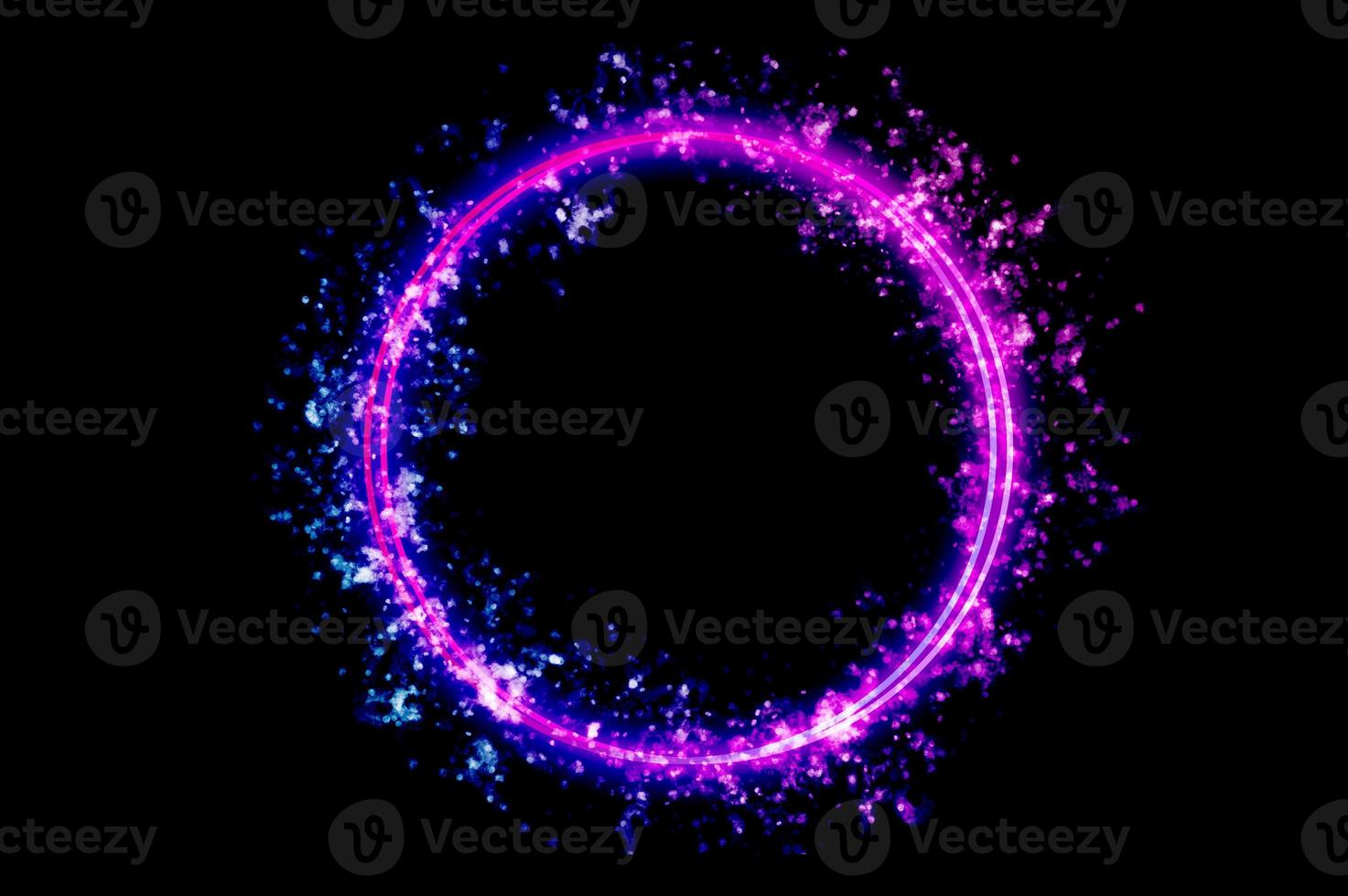 The circular frame is a neon light surrounded by sparkling stars. photo