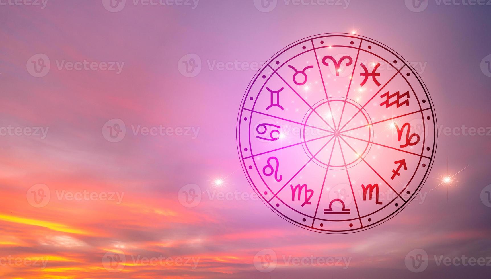 Zodiac signs inside of horoscope circle. Astrology in the sky with many stars and moons  astrology and horoscopes concept photo