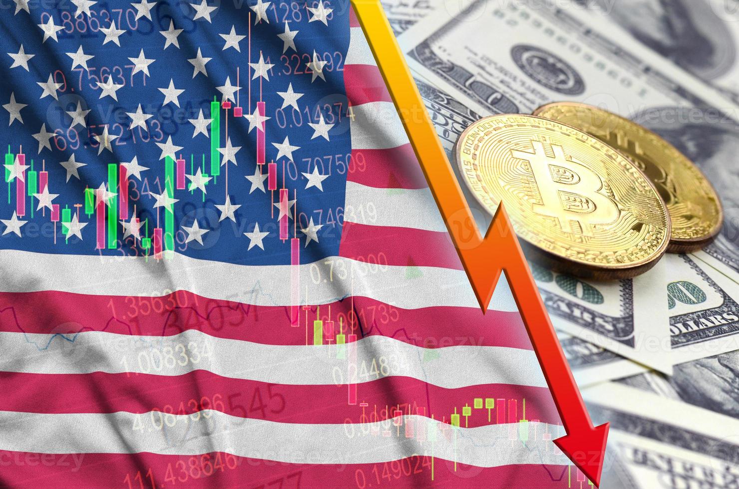bandera de estados unidos de américa y tendencia de caída de criptomonedas con dos bitcoins en billetes de dólar foto