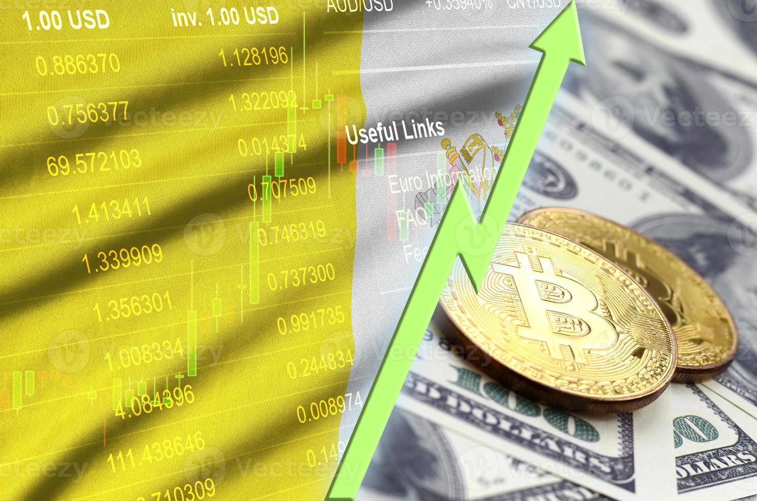 bandera del estado de la ciudad del vaticano y tendencia creciente de criptomonedas con dos bitcoins en billetes de dólar foto
