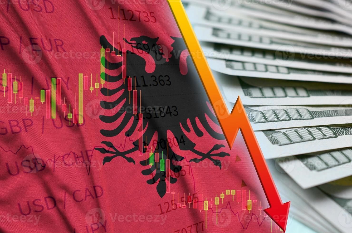 Albania flag and chart falling US dollar position with a fan of dollar bills photo