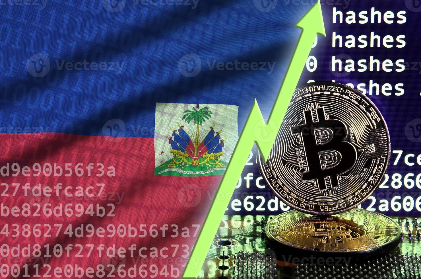Haiti flag and rising green arrow on bitcoin mining screen and two physical golden bitcoins photo