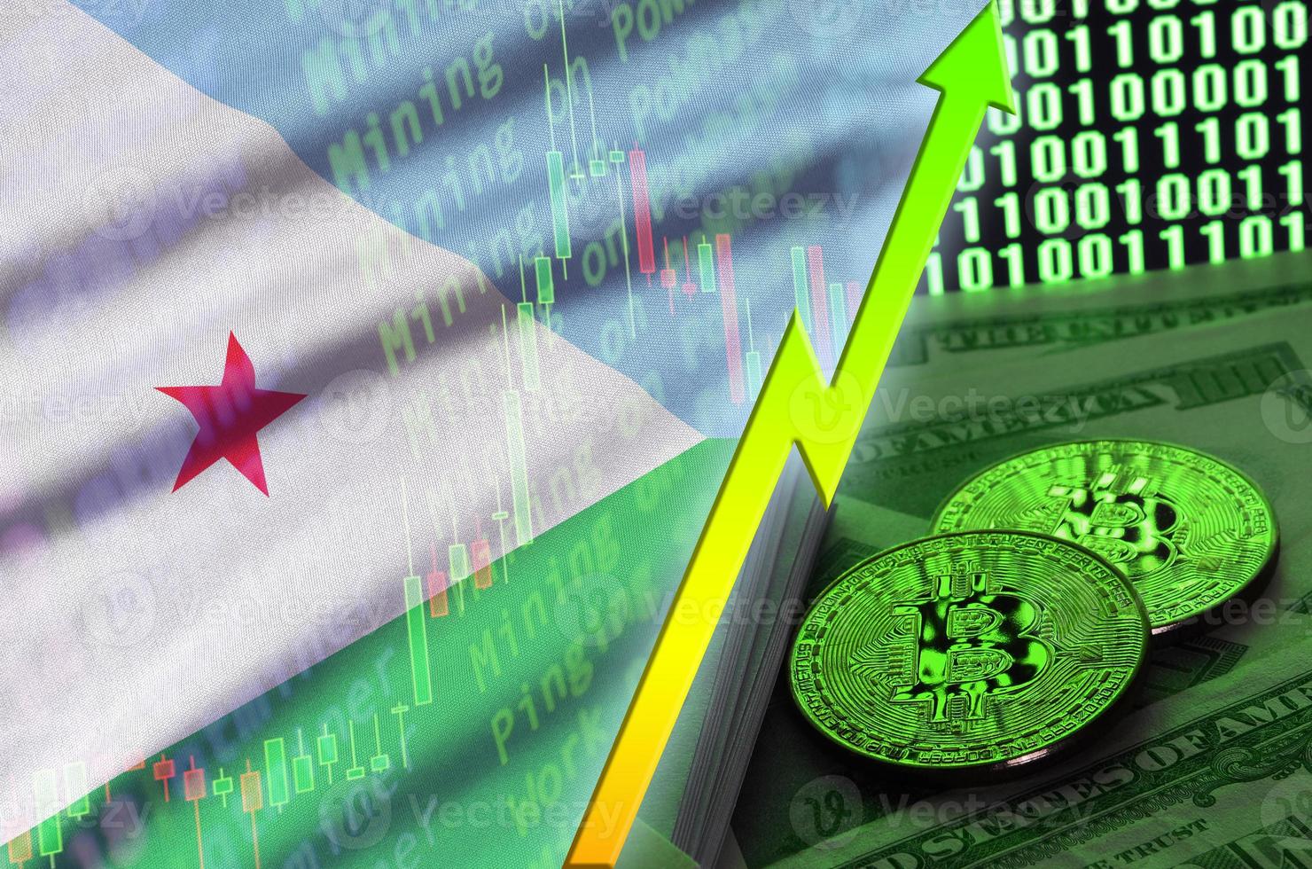 Djibouti flag and cryptocurrency growing trend with two bitcoins on dollar bills and binary code display photo
